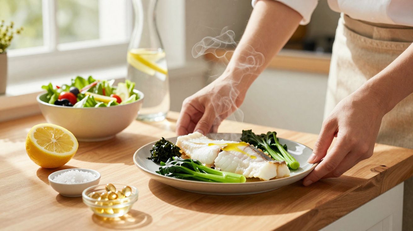 Pessoa a servir prato com peixe cozido, legumes verdes e rodelas de limão numa cozinha iluminada.