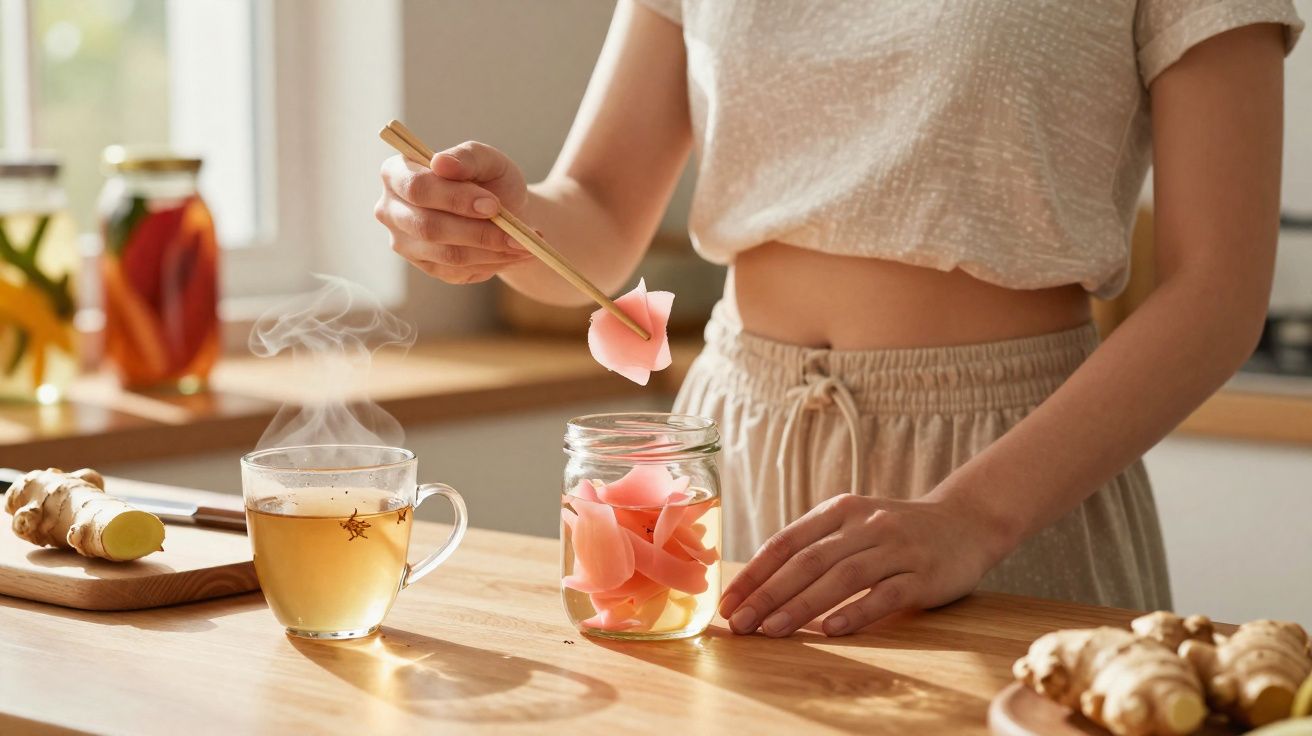 Pessoa a preparar chá com pétalas de flor rosa usando pauzinhos numa cozinha iluminada.