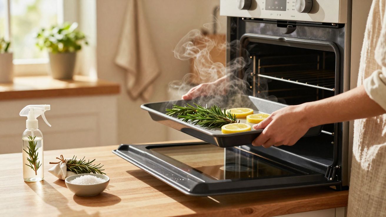 Pessoa a retirar tabuleiro com alecrim e limão do forno numa cozinha luminosa.