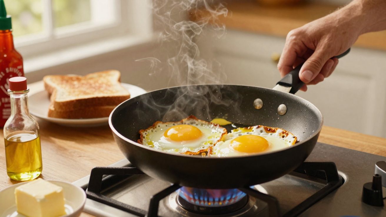 Frigideira com dois ovos a fritar em lume de gás, ao lado de pão torrado, azeite e manteiga numa bancada.