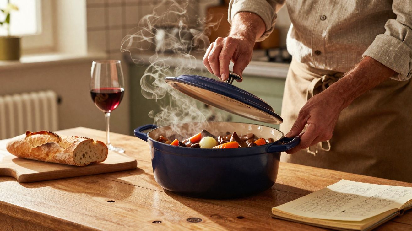 Pessoa a levantar tampa de panela com guisado fumegante, pão e copo de vinho numa mesa de madeira.