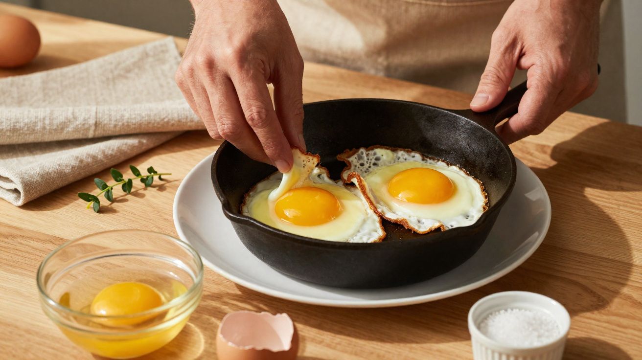 Mãos a despegar ovos estrelados de frigideira para um prato branco numa bancada de cozinha em madeira.