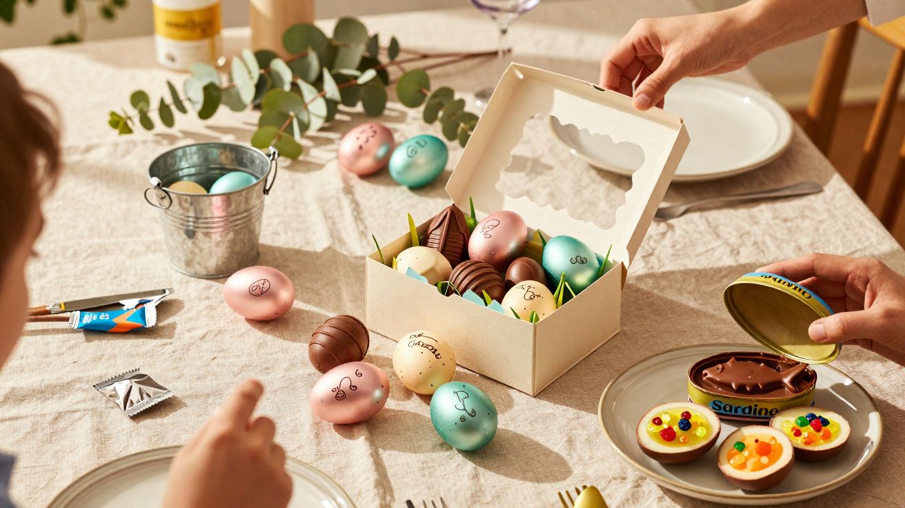 Caixa aberta com ovos de chocolate decorados, mãos a pegar chocolates e utensílios de pintura numa mesa com toalha clara.