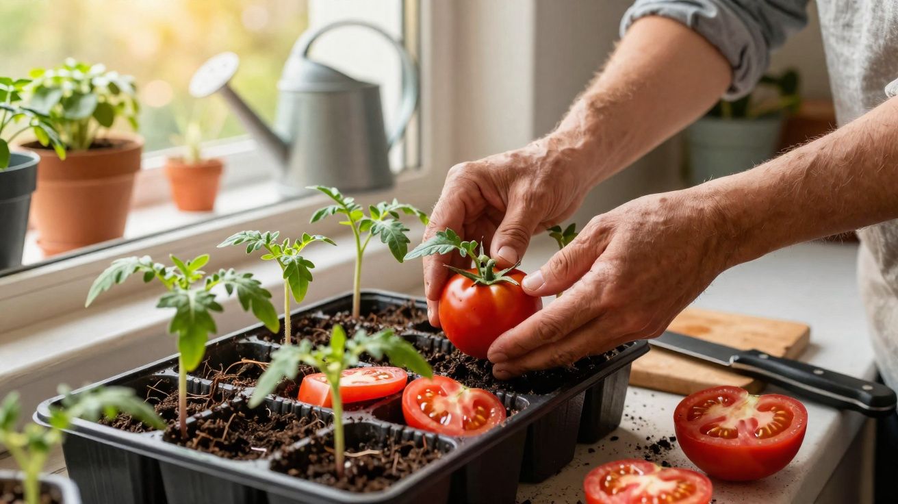 Mãos a transplantar muda de tomate num recipiente com terra, com tomate maduro e utensílios num balcão junto à janela.