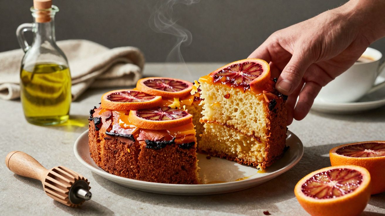 Bolo de laranja com fatia a ser retirada, decorado com rodelas de laranja sanguínea, em prato branco.
