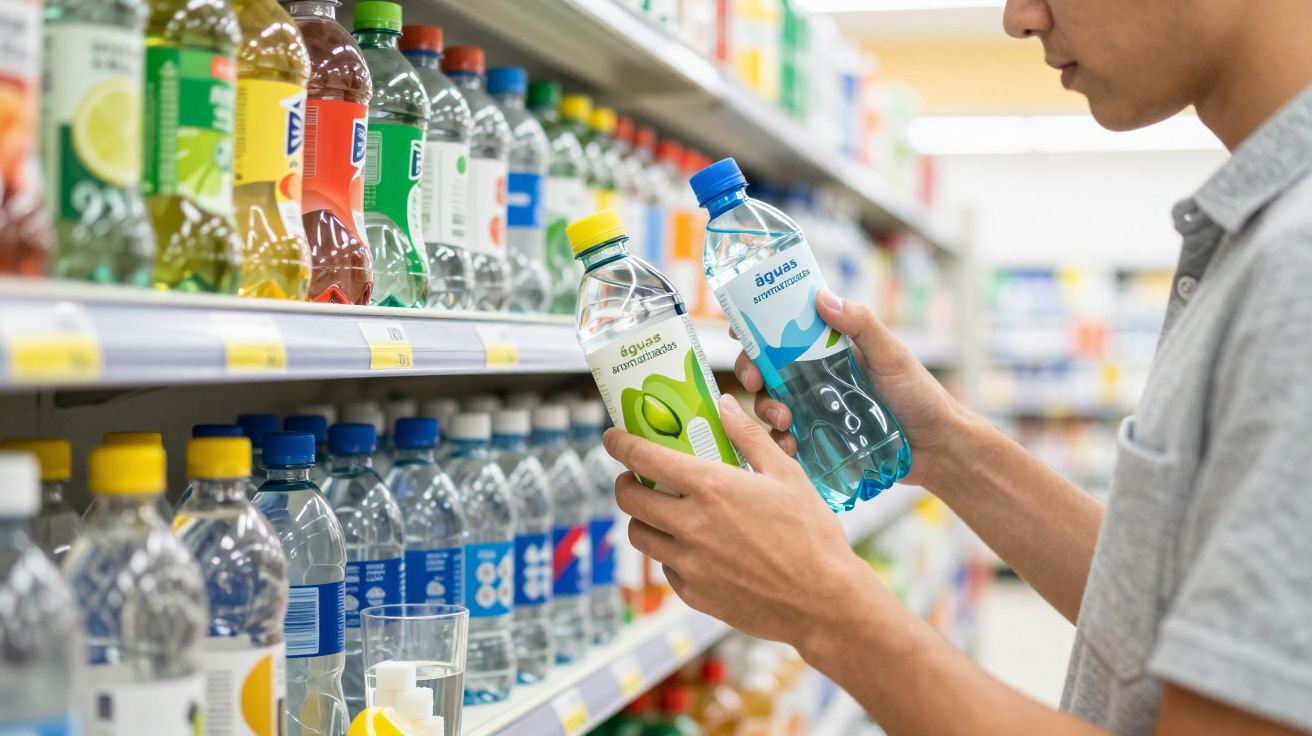 Pessoa a segurar duas garrafas de água com sabor numa prateleira de supermercado, comparando-as.