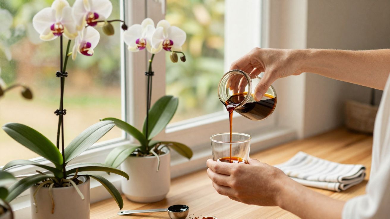 Pessoa a servir café num copo transparente numa bancada perto de janela com duas orquídeas brancas.