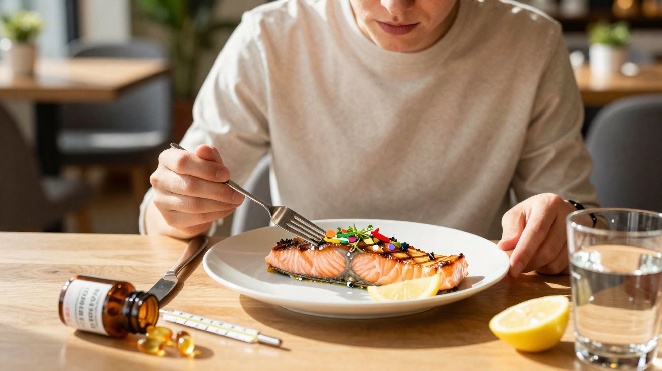 Pessoa pronta para comer salmão grelhado com limão, perto de frasco de medicamentos e copo de água.