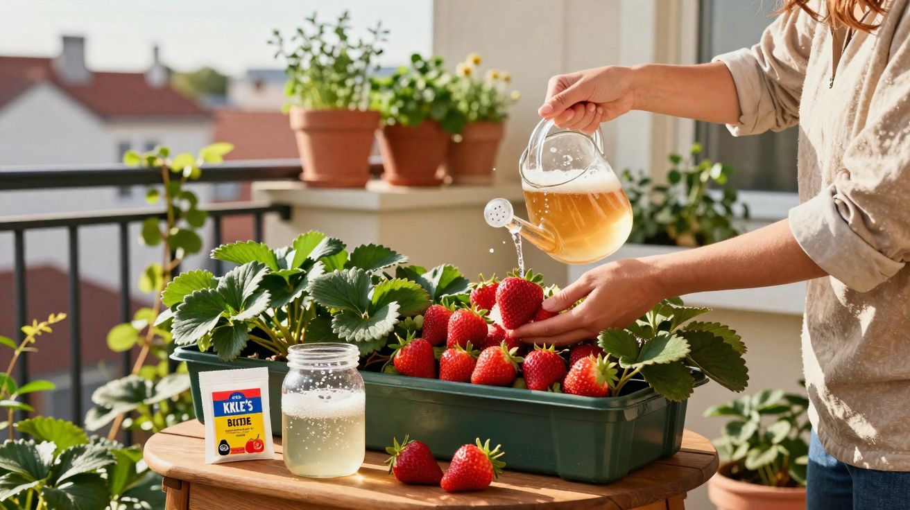 Pessoa a regar morangos maduros num vaso, numa varanda com plantas em vasos ao fundo.