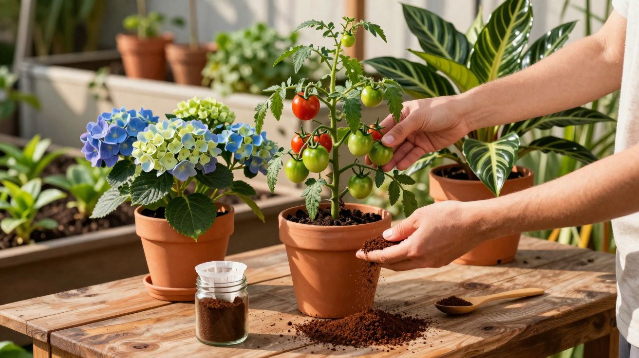 Pessoa a cuidar de planta de tomateira em vaso com flores azuis e verdes ao lado numa estufa.
