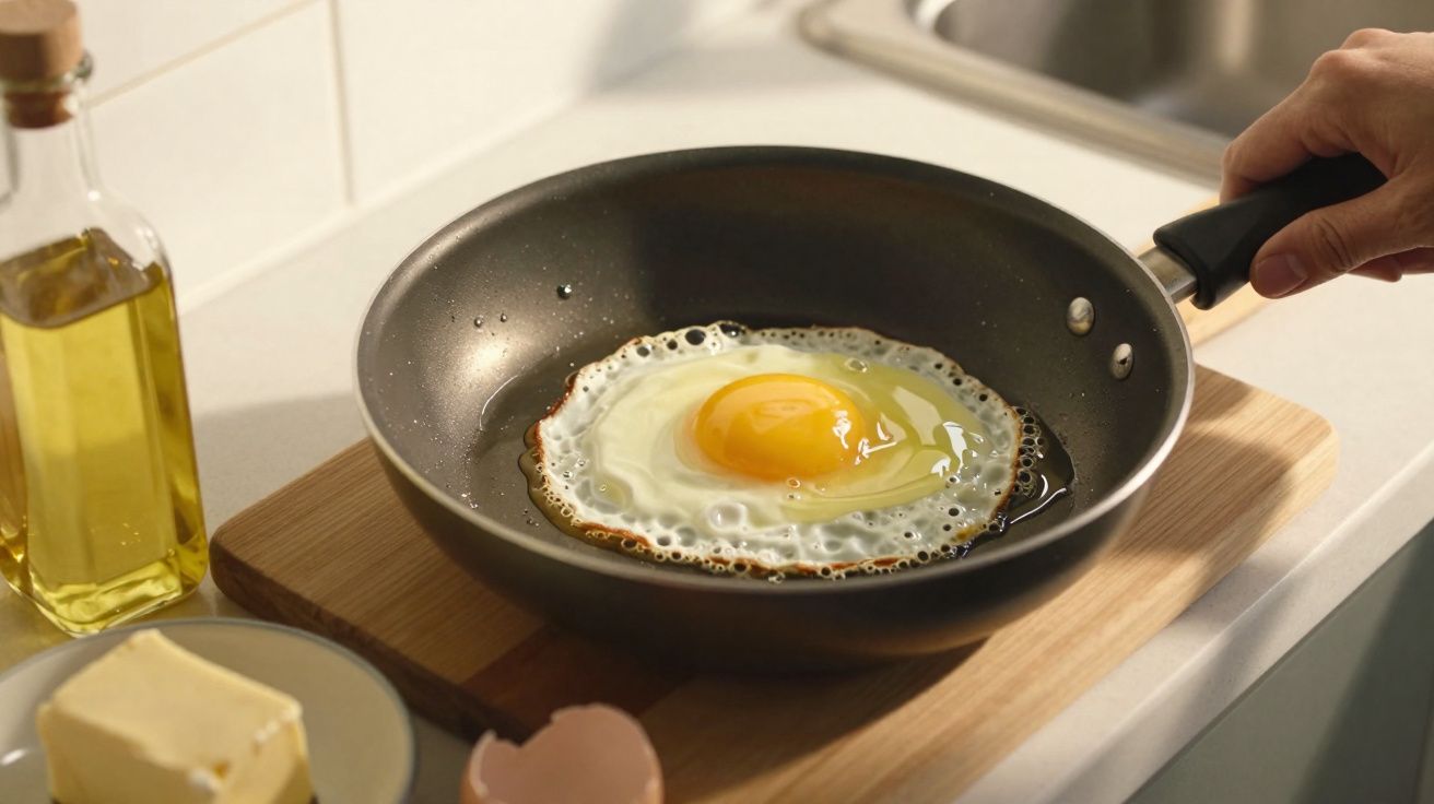 Ovo a fritar numa frigideira preta, com azeite ao lado e uma mão a segurar o cabo.