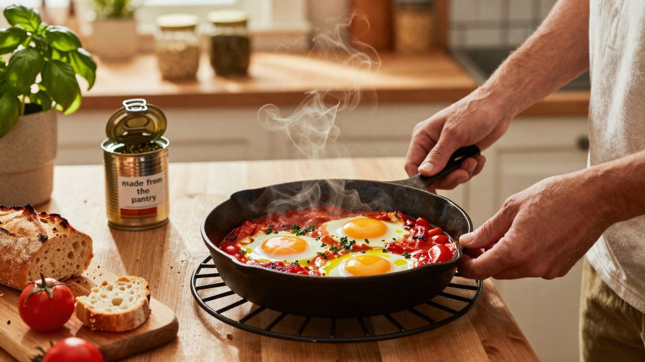 Pessoa a segurar frigideira com ovos a cozinhar em molho de tomate numa cozinha acolhedora.