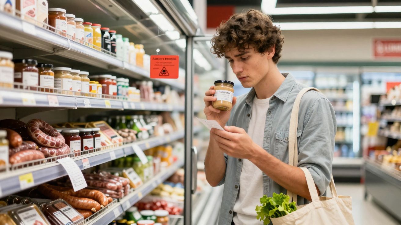 Jovem com saco de compras verifica lista enquanto segura frasco na mão num corredor de supermercado.