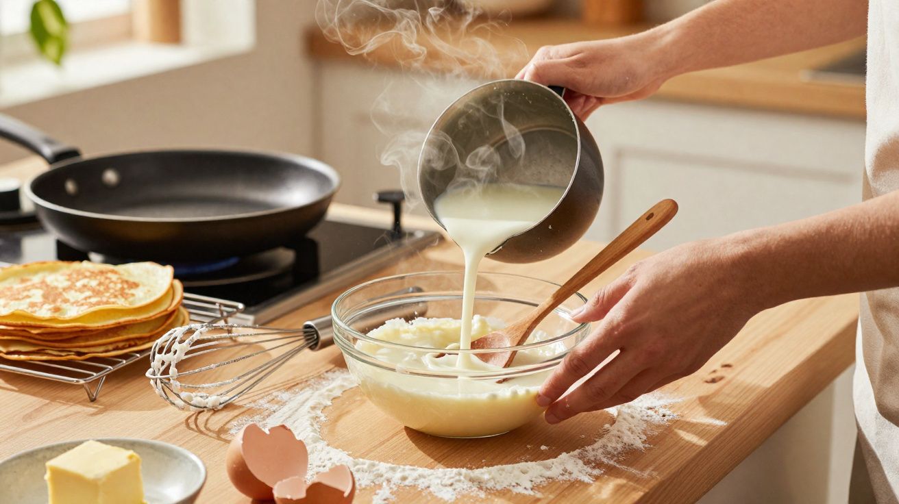 Pessoa a verter mistura quente numa taça de vidro para preparar massa em cozinha com ingredientes para panquecas.