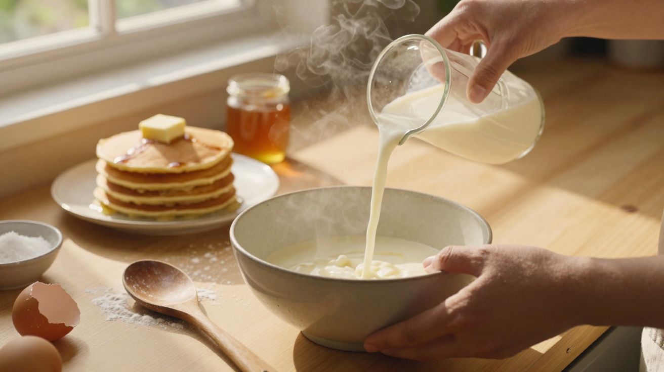 Mãos a verter leite numa taça com vapor, rodeada por ingredientes e panquecas com manteiga e mel.