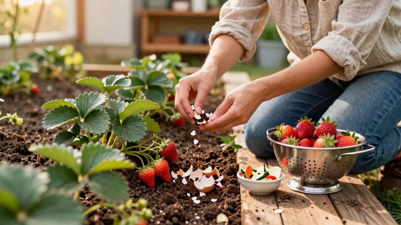 Pessoa a colocar cascas de ovo no solo junto a plantas de morangos maduros num jardim húmido.