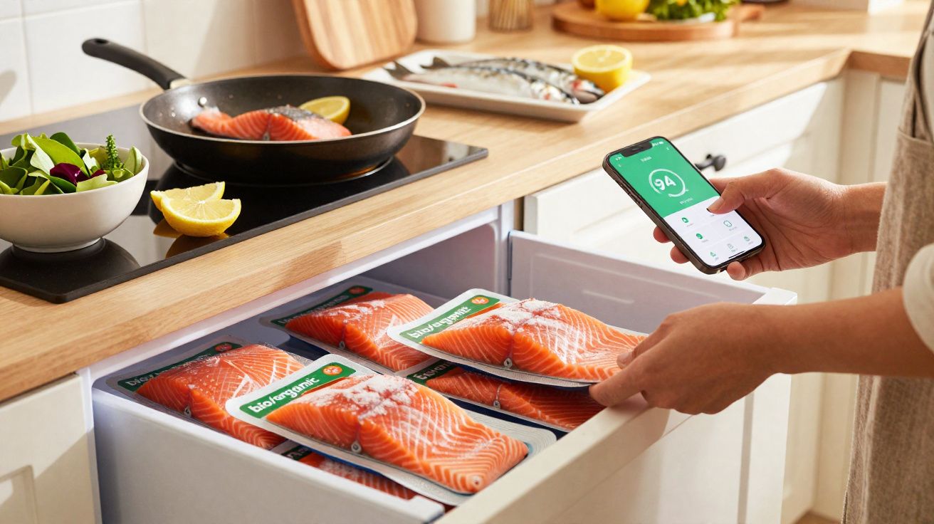 Pessoa a usar smartphone para verificar frescura de salmão embalado numa gaveta de cozinha moderna.