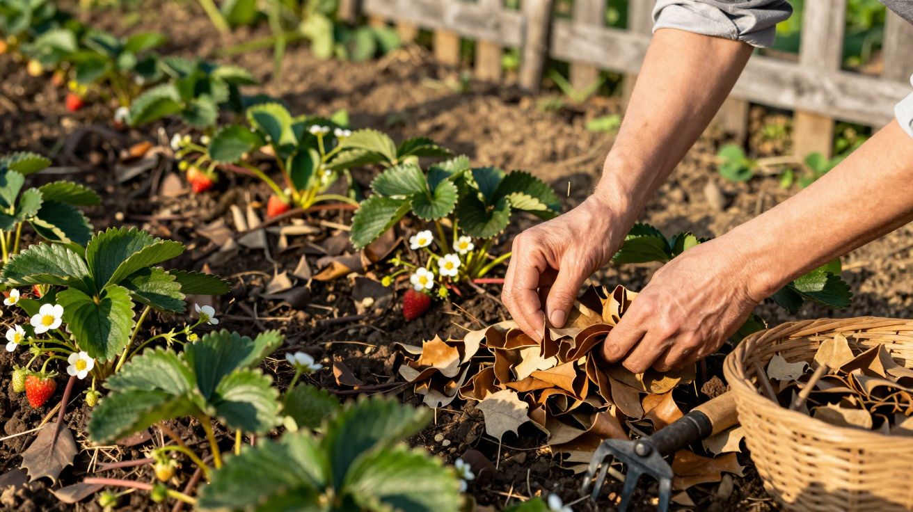 Mãos a colocar folhas secas na terra de um canteiro de morangos com frutos vermelhos e flores brancas.