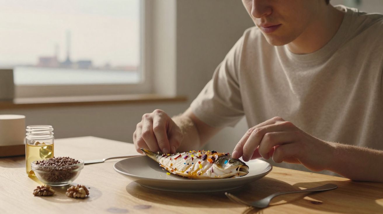 Homem sentado à mesa a temperar um peixe com especiarias coloridas num prato branco.
