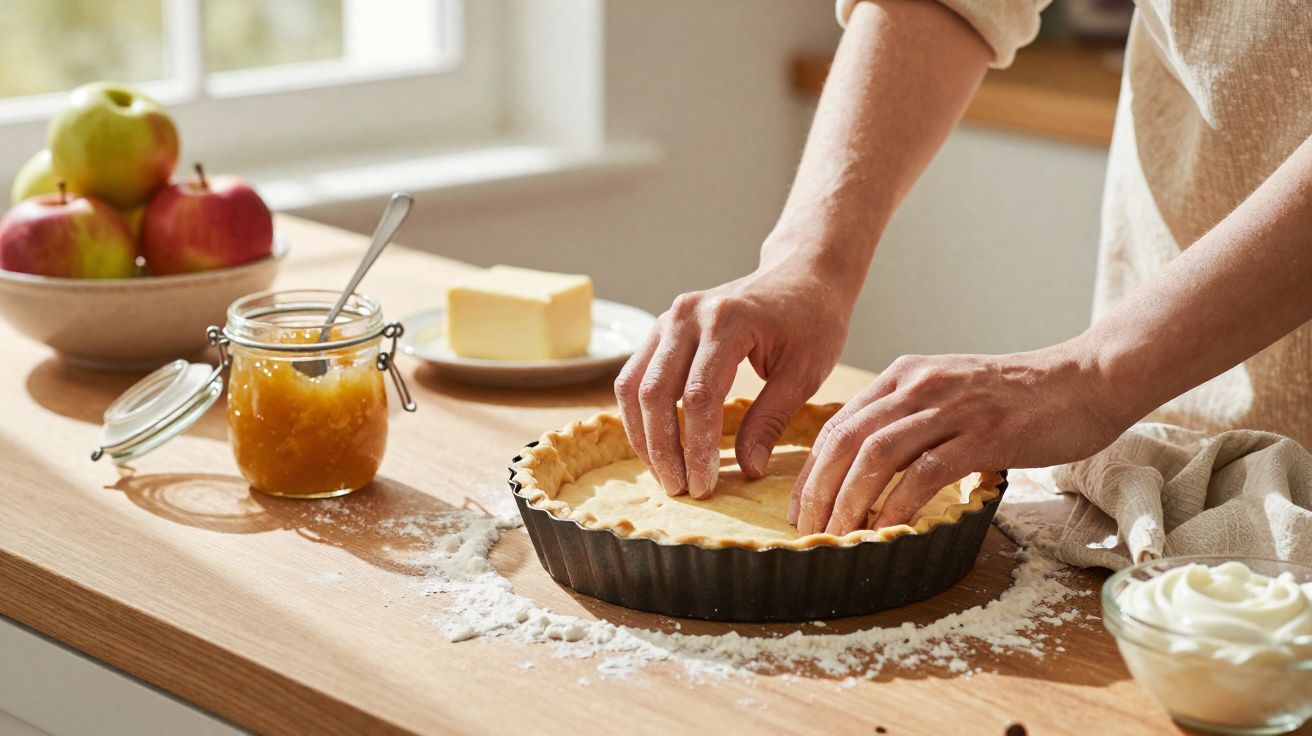 Mãos a preparar a base de uma tarte numa forma, com ingredientes como manteiga, fruta e compota na bancada de cozinha.