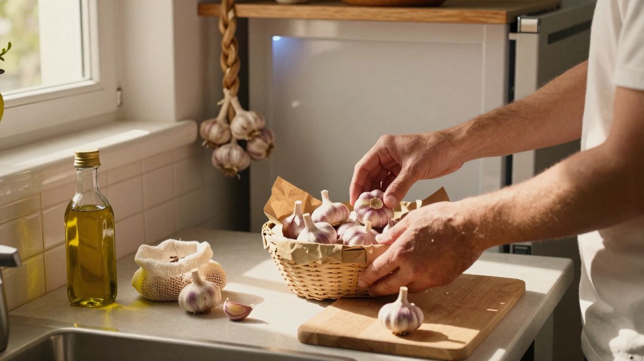 Mãos a pegar dentes de alho numa cesta sobre bancada de cozinha com azeite e alho pendurado.