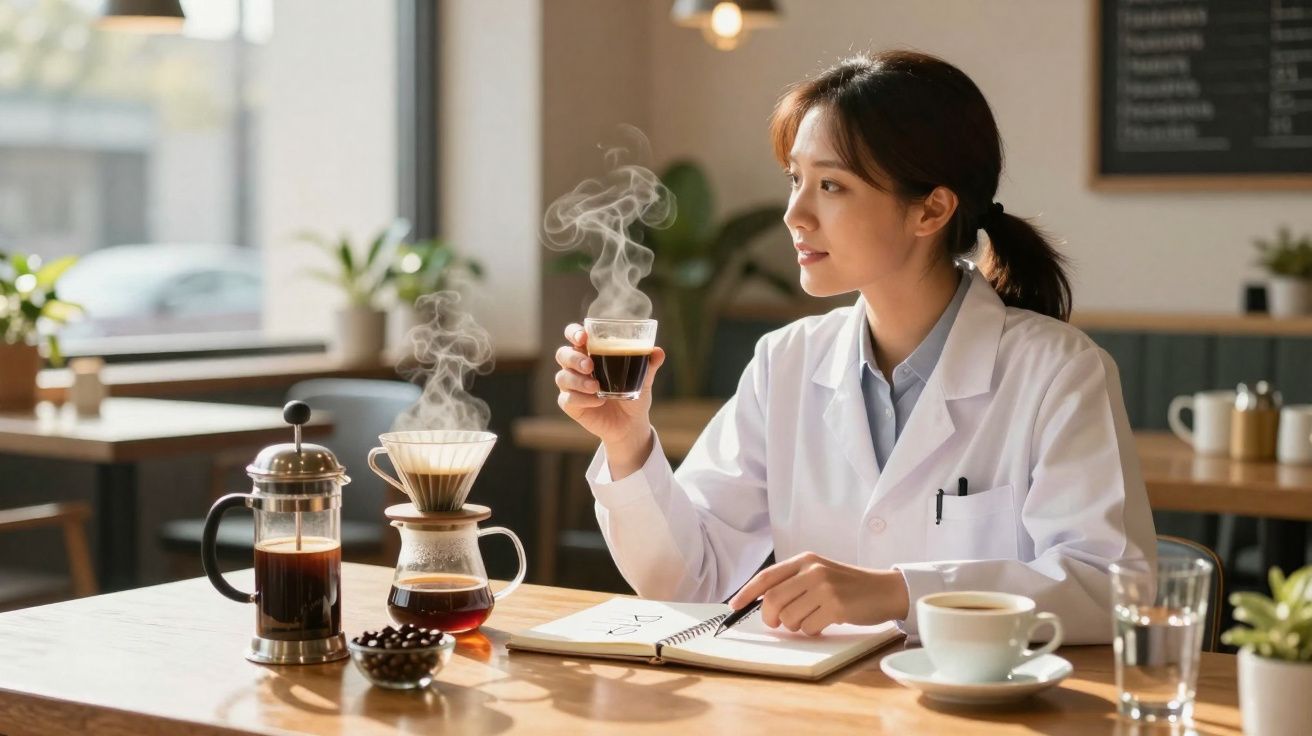 Mulher com bata branca a beber café quente enquanto estuda num café acolhedor.