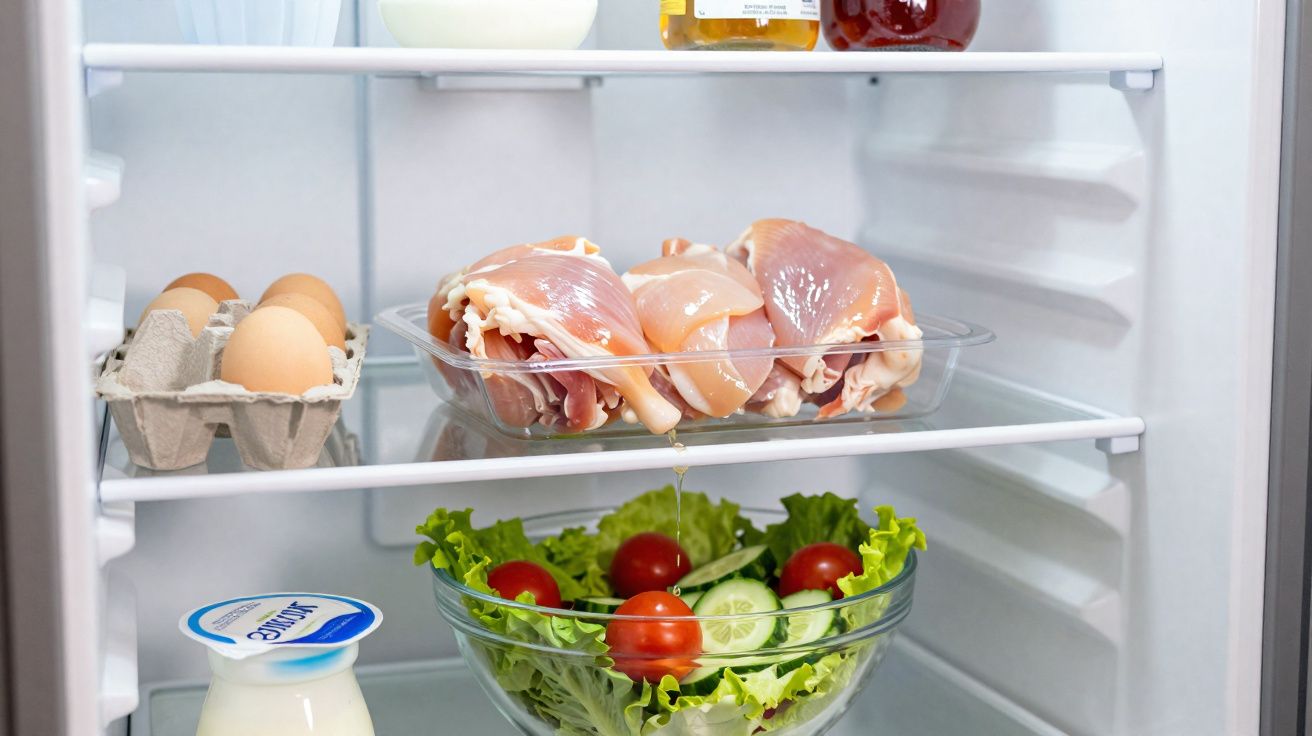 Interior de frigorífico com frango cru, ovos, iogurte e salada fresca com tomate e pepino.