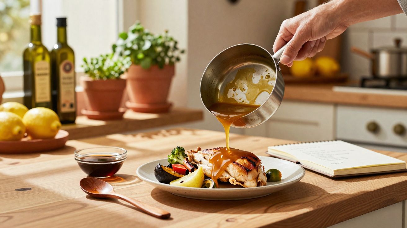 Pessoa a deitar molho sobre frango grelhado com legumes ao lado em prato numa cozinha iluminada.