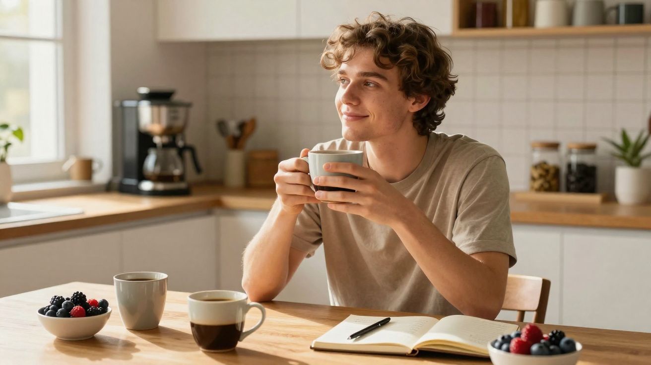 Jovem sentado na cozinha a segurar uma chávena, com um caderno aberto e tigelas de frutos vermelhos na mesa.