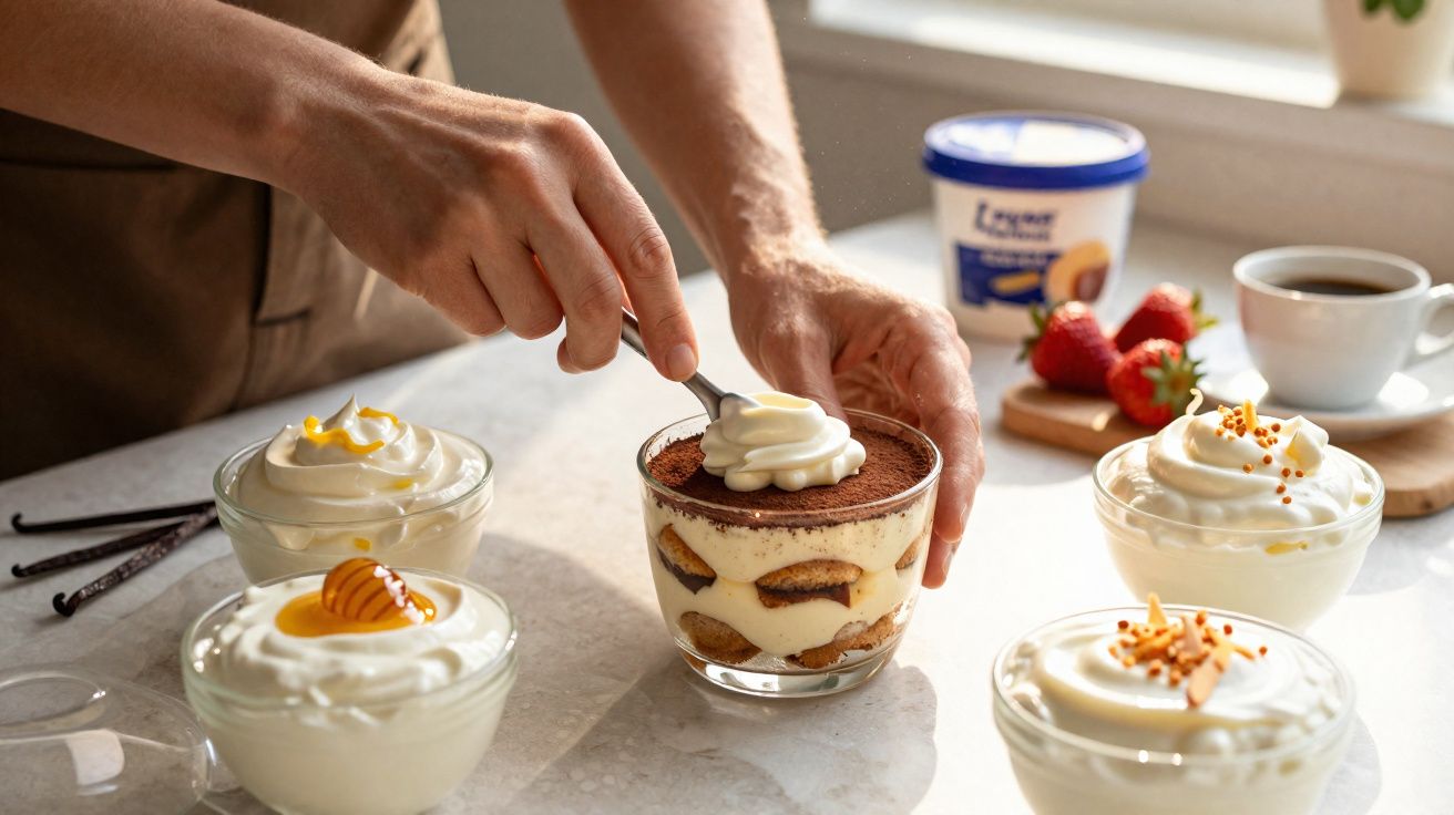 Pessoa a decorar sobremesa tiramisu com natas, rodeada por taças de sobremesa e chávena de café.