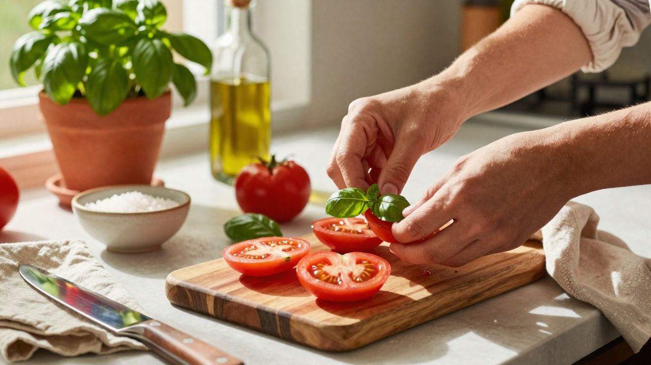 Mãos a colocar folhas de manjericão em tomates cortados sobre tábua de madeira na cozinha.