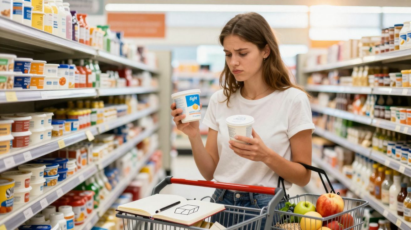 Mulher a comparar produtos num supermercado enquanto faz compras com carrinho cheio de frutas e caderno.
