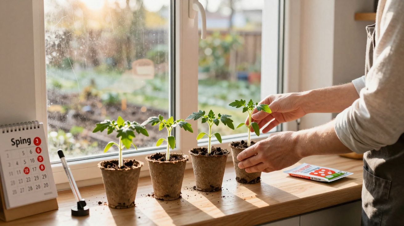 Mãos a transplantar pequenas plantas verdes em vasos biodegradáveis num parapeito iluminado pelo sol.