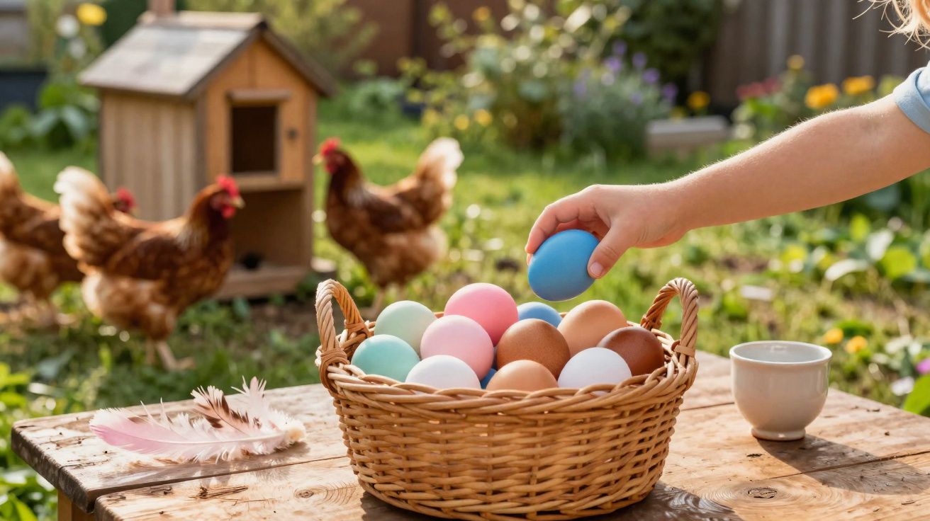 Cesto com ovos coloridos numa mesa ao ar livre, mão de criança a pegar um ovo azul e galinhas ao fundo.