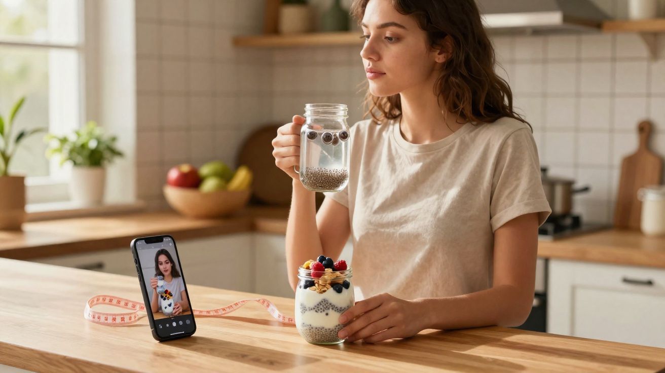 Mulher em cozinha com copo de água e taça de iogurte com frutos e granola, com telemóvel e fita métrica na bancada.