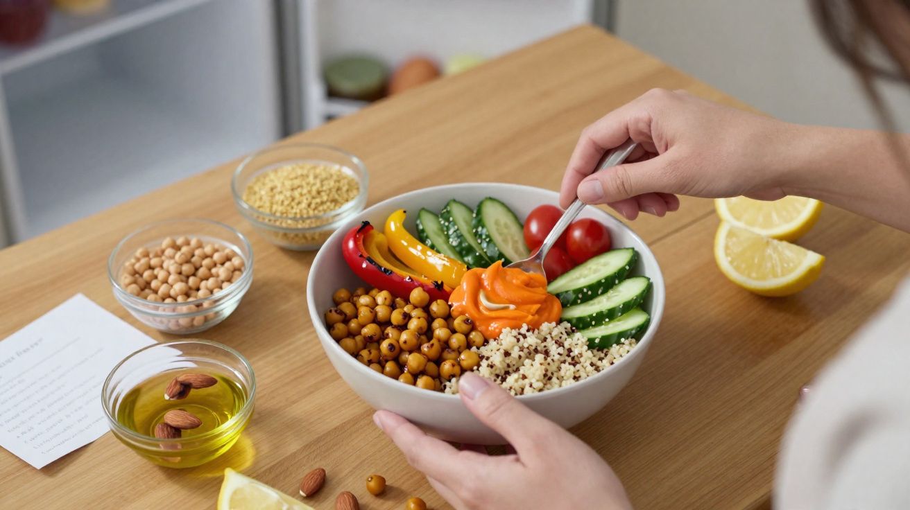 Pessoa a preparar uma taça de salada com grão, quinoa, pimentos, pepino, tomate e molho laranja.