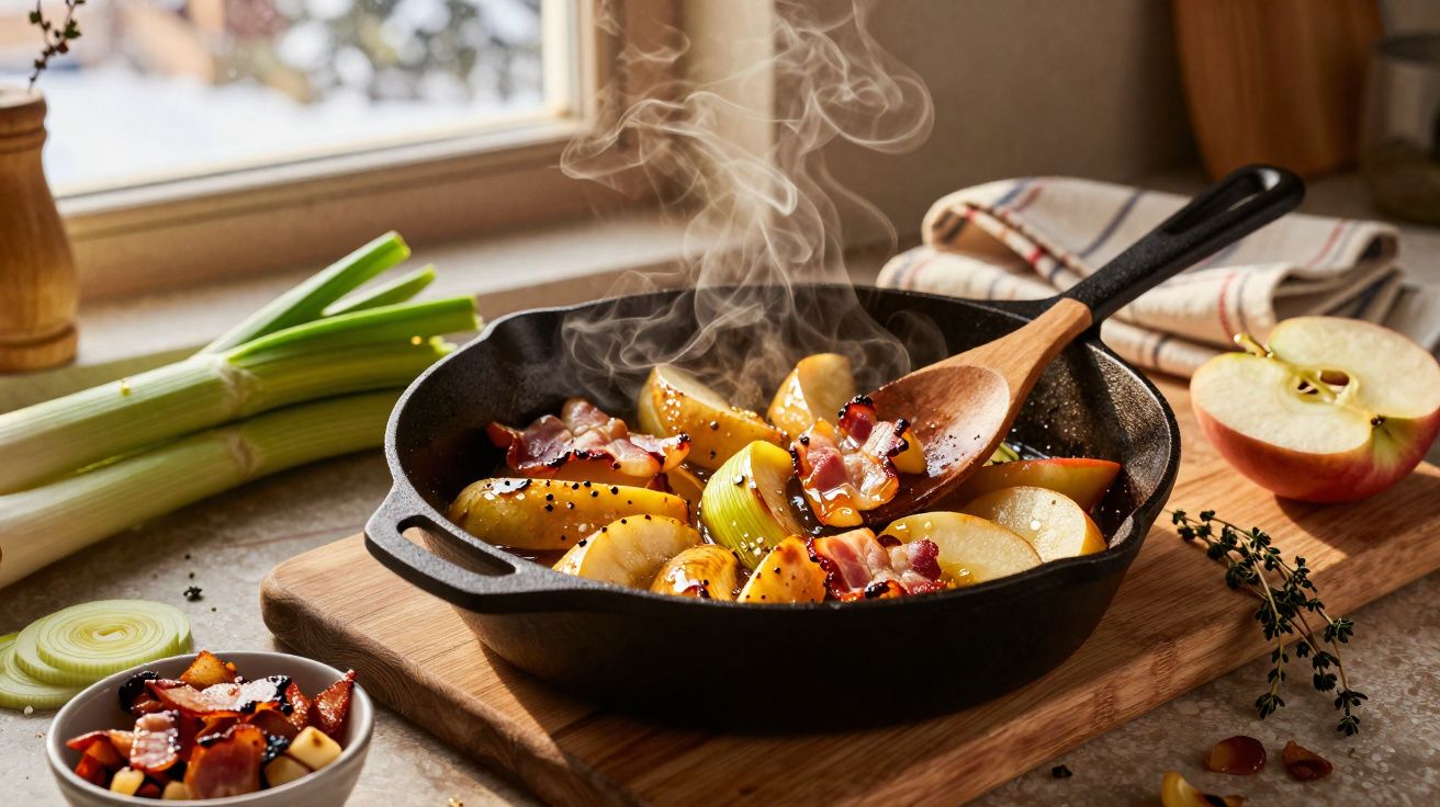 Frigideira com maçãs, bacon e alho a cozinhar, com vapor e colher de madeira na cozinha iluminada.