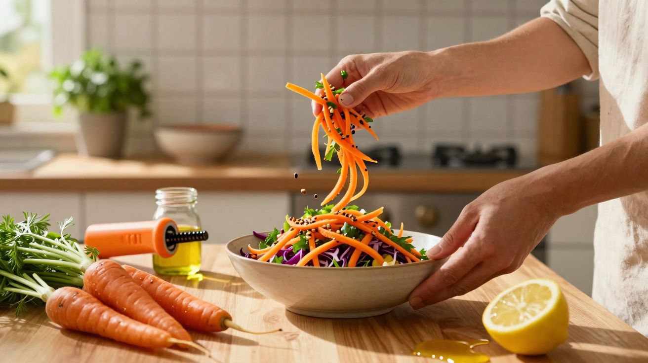 Pessoa a preparar salada com cenoura ralada, temperando com sementes numa cozinha iluminada.