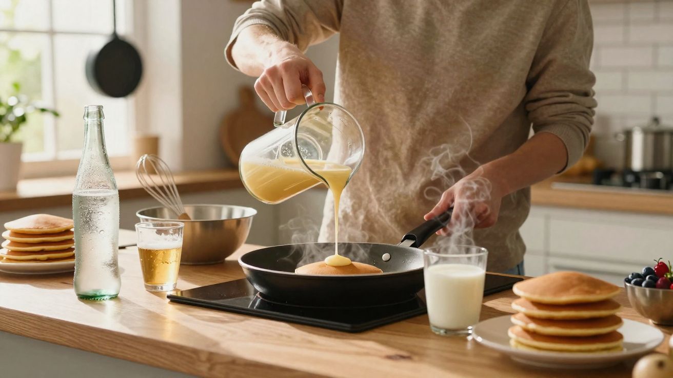Pessoa a verter massa para panquecas numa frigideira numa cozinha com panquecas prontas e bebida na bancada.