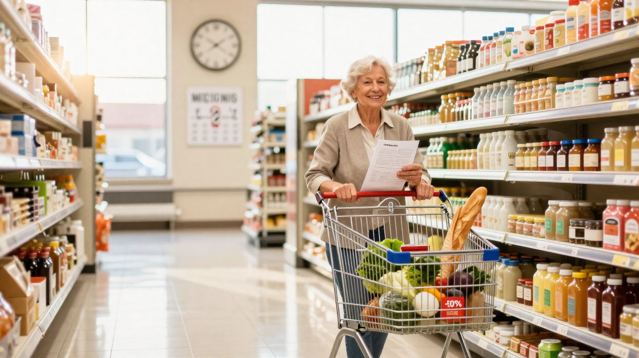 Mulher sénior com carrinho de compras cheio, segurando lista, no corredor de supermercado iluminado.