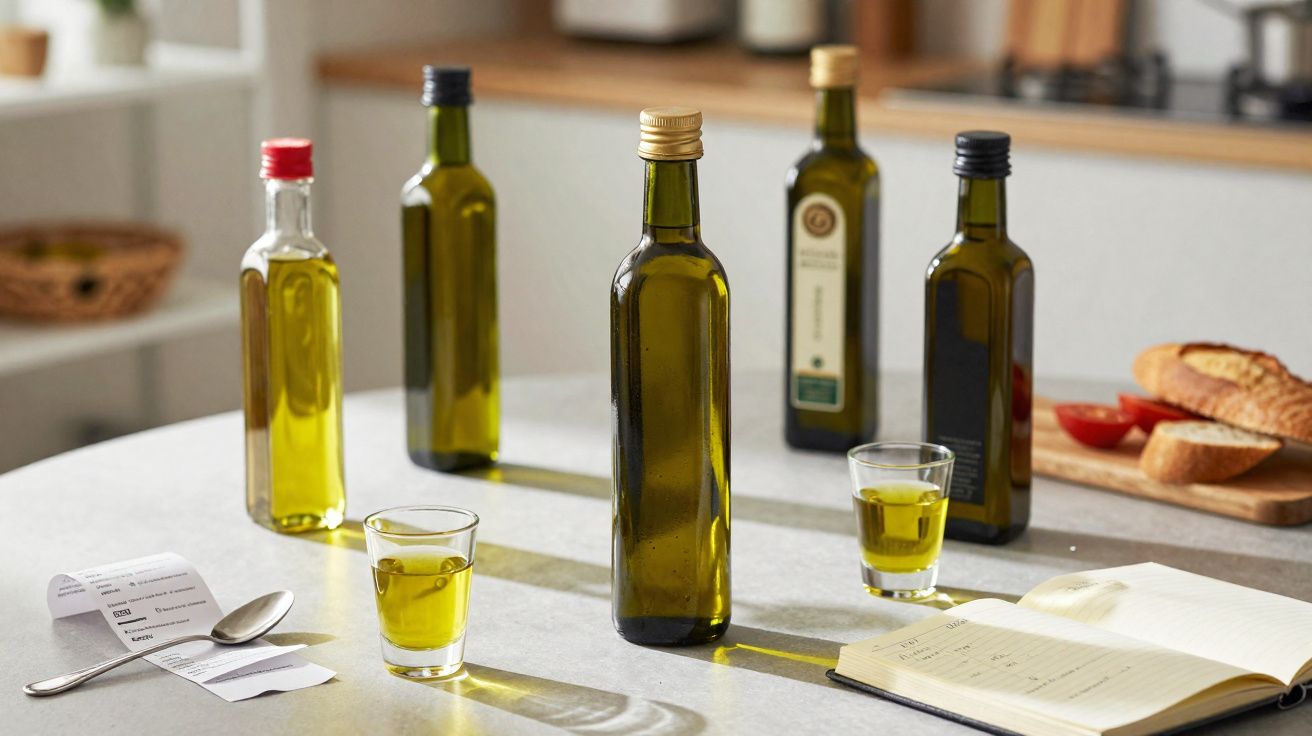 Garrafas e copos com azeite numa mesa de cozinha, com caderno aberto, pão e recipientes ao fundo.