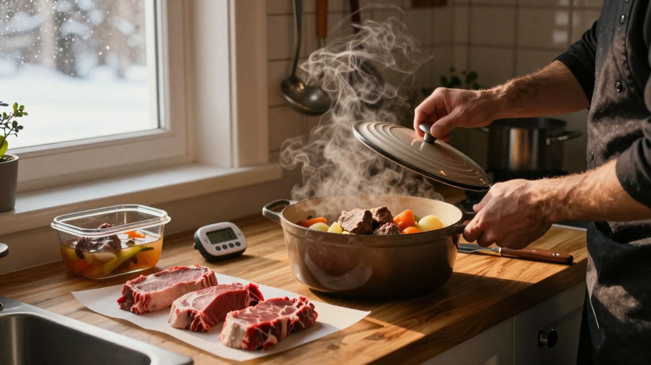 Pessoa a retirar tampa de panela a cozinhar carne e legumes num balcão de cozinha com bifes crus ao lado