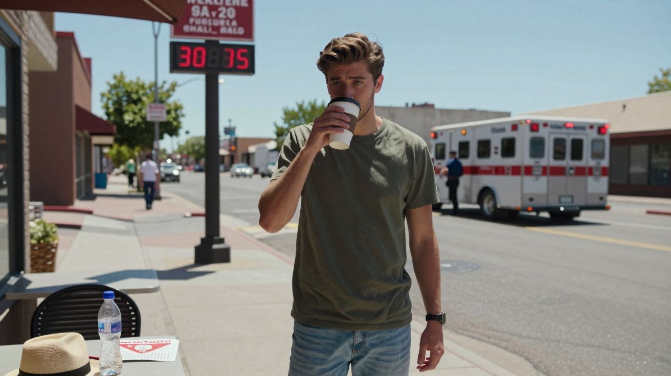 Homem jovem de camisola verde a beber café numa rua com ambulância ao fundo.