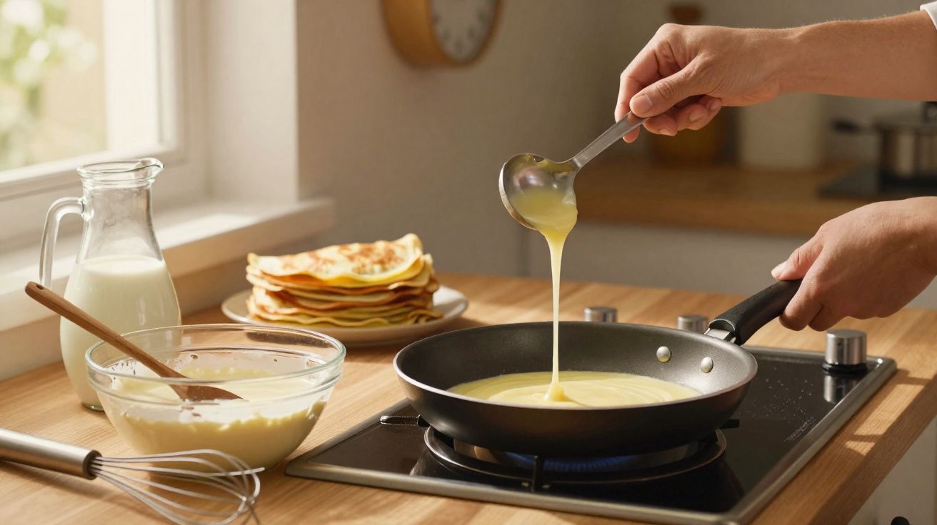 Mãos a verter massa para crepes numa frigideira com pilha de crepes e jarra de leite na bancada da cozinha.