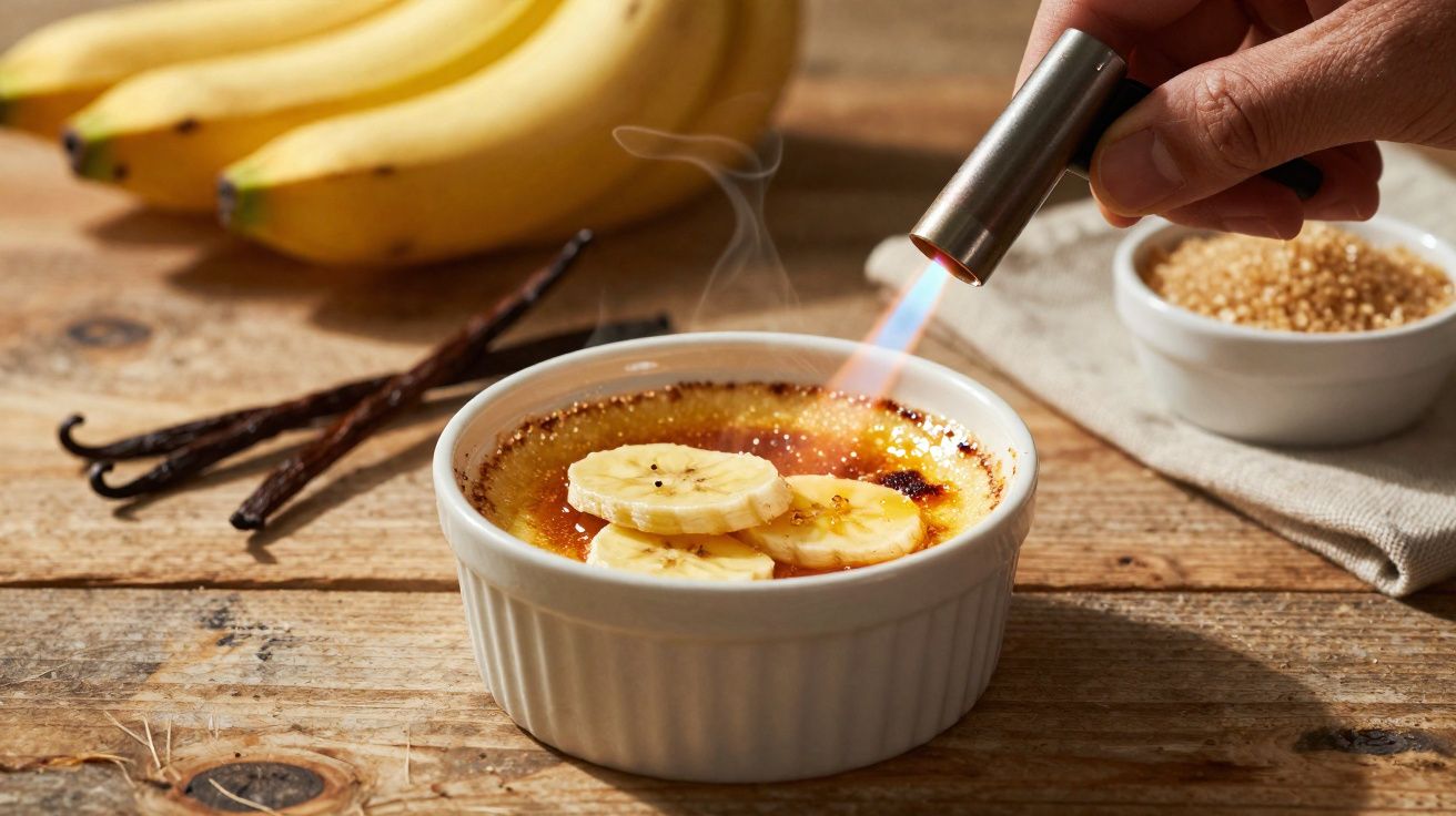 Creme brûlée com fatias de banana a ser caramelizado com maçarico numa tigela branca sobre mesa de madeira.