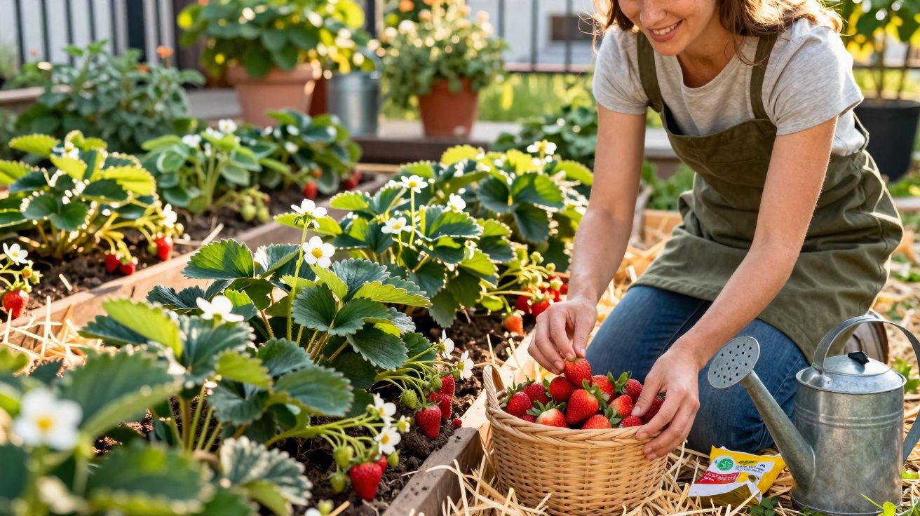 Mulher a colher morangos maduros numa cesta numa horta urbana com regador metálico ao lado.