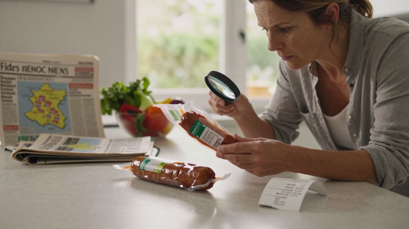 Mulher inspeciona embalagem de enchido com lupa numa cozinha, com legumes, jornal e talão na mesa.