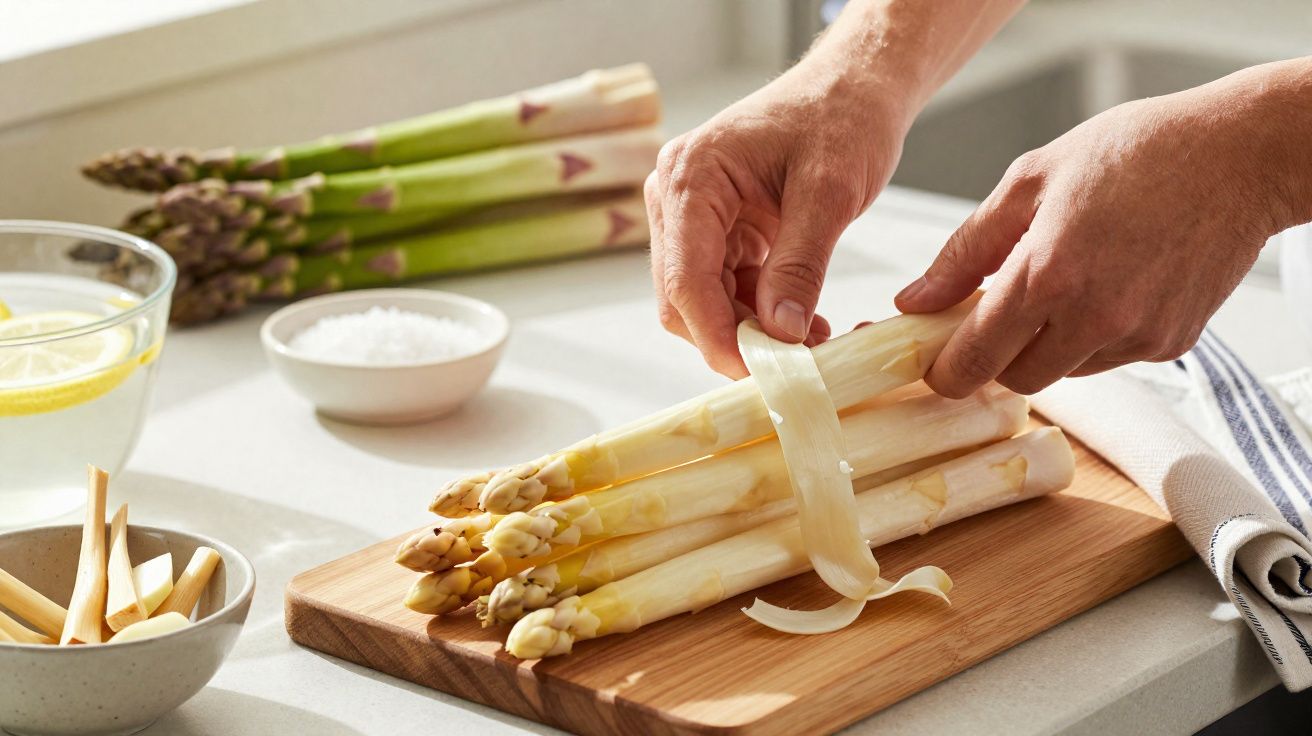 Mãos a descascar espargos brancos sobre tábua de cortar numa cozinha iluminada.