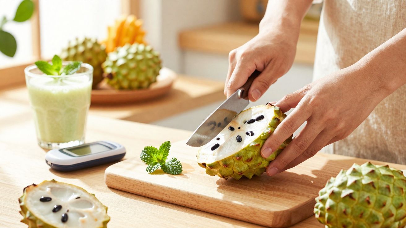 Pessoa a cortar uma fruta cherimólia fresca numa tábua de madeira numa cozinha iluminada.