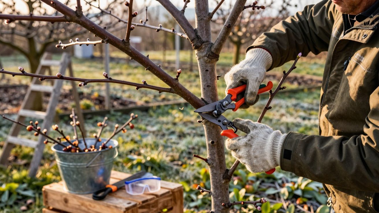 Pessoa a podar ramos secos de uma árvore numa quinta durante o inverno, usando luvas e tesoura de poda.